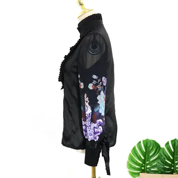Kpop IU Lee Ji Eun naujas stovėti apykaklės, plisuotas juodos spalvos marškinėliai moterims Vakare šalies temperamentas Gėlių spausdinti ilgomis rankovėmis palaidinė ir topai