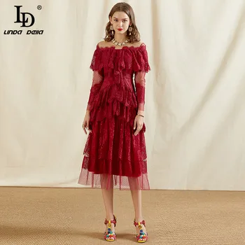 LD LINDA DELLA Rudens Mados Dizaineris Raudonos Nėrinių Suknelė Moterims ilgomis Rankovėmis Pakopų Pynimas Akių Kratinys Elegantiškas Šalis Suknelės 2020 m.
