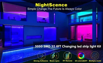 LED Juostelės Žibintai 5M RGB LED Šviesos Juosta 5050 LED Juosta Šviesos Spalva Keičiasi Lanksčios Juostelės Žibintai su Muzika, Nuotolinio valdymo pultelis