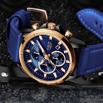 LIGE Atsitiktinis Sporto Laikrodžiai Vyrams Blue Top Brand Prabanga Karinės Odinis Riešo Žiūrėti Žmogus Laikrodis Mados Chronograph Laikrodis