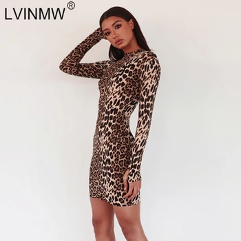 LVINMW Seksualus Leopardas Spausdinti Bodycon Suknelė 2018 M. Rudenį, Žiemą Moterys ilgomis Rankovėmis Aukštu Kaklu Slim Mini Suknelė Klubo Kalėdinis vakarėlis Suknelė