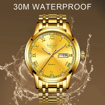 Laikrodžiai Mens 2020 Mados Kvarco Aukso Laikrodis LIGE Prekės Viršų Prabanga Visų Plieno Vyrų Laikrodis atsparus Vandeniui Dienos, Savaitės Dial Watch+Box