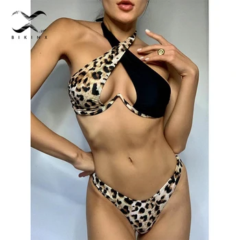 Leopardas spausdinti kratinys Underwire maudymosi kostiumėlį push up bikinis Aukštai supjaustyti maudymosi kostiumėliai moterims Apynasrio nėrinių maudymosi kostiumas Seksualus paplūdimio