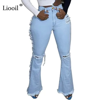 Liooil Plius Dydžio Seksualus Aukšto Juosmens Kankina Flare Džinsai Moterims 2021 Streetwear Skinny Jean Kelnės Varpas Nuosėdos Džinsinio Skylę Kelnės