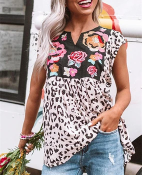 Lusofie Leopard Kratinys Viršų trumpomis Rankovėmis Tee Marškinėliai Moterims Gėlių Spausdinti Atsitiktinis marškinėliai Vasarą V-kaklo Viršūnes Tee 2020 Karšto Viršų