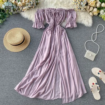 Mados Moterų Paplūdimio Suknelė 2020 Naujas Vasaros Off Peties Seksualus Midi Suknelė Moterų Vestidos Elegantiškas Ponios Raukiniai Violetinė Ilga Mantija