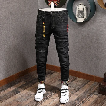 Mados Streetwear Vyrų Džinsai Slim Fit Juoda Elastinga Kankina Džinsai Vyrams Japonijos Pleistrai Dizaineris Džinsinio Audinio Kelnės Hip-Hop ' As Homme Džinsų