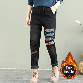 Max LuLu Korėjos Žiemos Mados Ponios Šiltas Spausdinti Džinsinio Audinio Kelnės Moterų Atsitiktinis Siuvinėjimo Kailio Džinsai Vintage Elastinga Haremo Kelnės