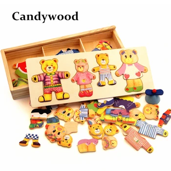 Mediniai Lokys Persirengti Klasikinis Bear Šeimos Suknelė Dėlionės Vaikų Švietimo Medinių Žaislų Kūrybos Mediniai Žaislai