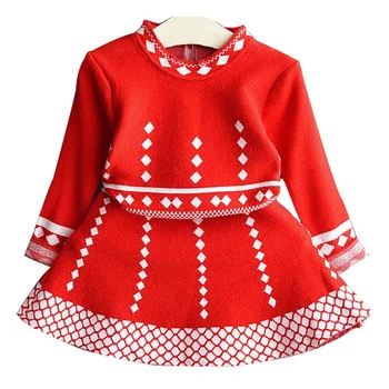 Merginos Rudens Žiemos Megztinis Suknelės ilgomis Rankovėmis Raudona Mezgimo Birthday Party Dress Vaikų Princesė Kostiumas Kūdikiams, Vaikams, Drabužiai, 2-6Y