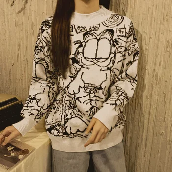 Mielas Megztinis Moterų 2020 M. Žiemos Korėjos Stiliaus Streetwear Atsitiktinis Animaciją Kačių Spausdinti Ilgomis Rankovėmis Megzti Megztinis Megztinis Viršūnes T434