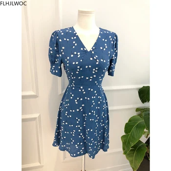 Mielas Saldus Mini Suknelė Vasaros Trumpomis Rankovėmis Linijos Gėlių Spausdinti Korėjos Japonija Stiliaus Mėlynasis V Kaklo Elegantiškos Suknelės Flhjlwoc Vestidos