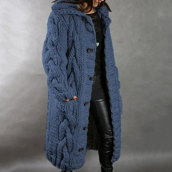 Moteriški Megztiniai Žiemos 2020 Mados Ilgai Atsitiktinis Laisvas Megztinis Moteriška Rudens susagstomi megztiniai Vieną Krūtinėmis Sluoksniuotos Gobtuvu Kailis Plius