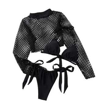 Moterų 2021 Seksualus Akių Trijų dalių maudymosi kostiumėlį, maudymosi Kostiumėliai, ilgomis Rankovėmis Viršūnes Dryžuotas Soild Spalvos Bikini Nustatyti Moterų Tvarstis Paplūdimio #T2G