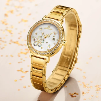 Moterų Prabangūs Krištolo Gėlių Aukso Laikrodžiai NAVIFORCE Moterų Mados Kvarco Žiūrėti Ponios Nerūdijančio Plieno, atsparus Vandeniui 2020 Naujas Laikrodis