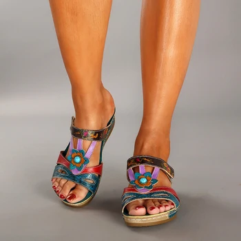 Moterų Sandalai Mados Etninės Stiliaus Gėlių Sandalai Pleištai Flip Flop Ponios Batai TC21