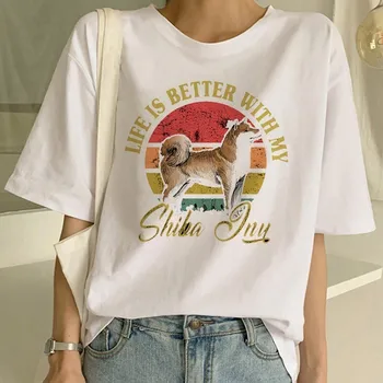 Moterų Ulzzang T-shirt Moterų Tees Camisas Mujer Tee Shiba Inu Marškinėliai Juokinga Shirt Grafikos korėjos Drabužių Viršų