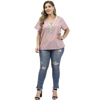 Moterų nauja vasaros plius dydis viršūnes moterų palaidinė didelis trumpomis rankovėmis atsitiktinis palaidų blizgančiais V-kaklo marškinėliai pink 4XL 5XL 6XL 7XL