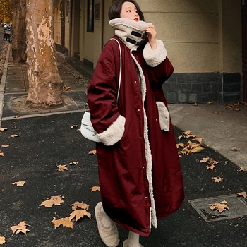 Moterų Ėriukų Vilnos Coat2021 Žiemos Naujų Pyragas Įveikti Ilgą Didelis Atvartas Lokomotyvų Prarasti ilgomis rankovėmis Storas Šiltas Mados Jacket98M