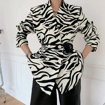 Moterų Švarkas Dvigubo Breasted Švarkas Mados Atsitiktinis 2020 M. Rudens Žiemos Zebras Spausdinti Ilgomis Rankovėmis Lady Kostiumas, Sportiniai Švarkai (Bleizeriai Viršutinių Drabužių Siuvimas