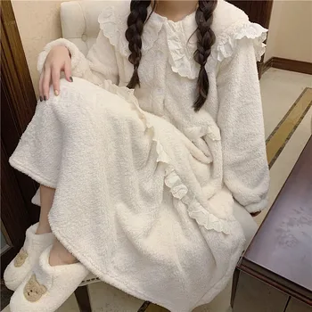 Moterų žiemos korėjos princesė stilius saldus nightdress ilgomis rankovėmis Koralų Vilnos nėrinių pižamą miega suknelė storio homewear L203