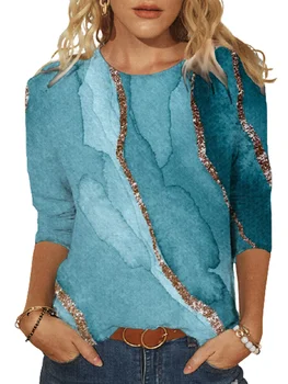 Mėlyna Erdvė Vandenyno 3D Spausdinimo Harajuku marškinėliai Atsitiktinis O-Kaklo, ilgomis Rankovėmis Moterims Pavasario Viršų Mados Plius Dydis Streetwear Lady Tees 5XL