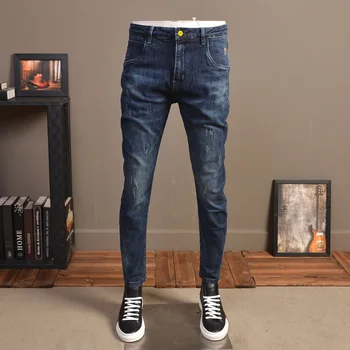 Mėlyni Džinsai Vyrų Mados Subraižytas Slim Fit Ruožas Džinsinio Audinio Streetwear Pieštuku Kelnės