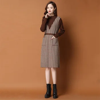 Nauja stiliaus moterų suknelė rudens ir žiemos temperamentas skara megzti suknelę moterų vidinis bazės sijonas vidurio ilgio megztinis, sijonas