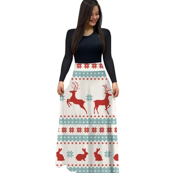 Naujųjų Metų Kalėdų Tema Spausdinti Maxi Suknelė Atsitiktinis Ilgomis Rankovėmis O Kaklas Elegantiškas Rudens Žiemos Ilgos Šalis Suknelė Plus Size Vestidos
