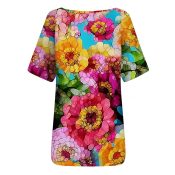Negabaritinių Ponios Viršūnes Moterų Plius Dydis Gėlių 3D Print T Shirt Prarasti V-Kaklo trumpomis Rankovėmis Atsitiktinis Tee Viršuje Vasaros Naują Streetwear