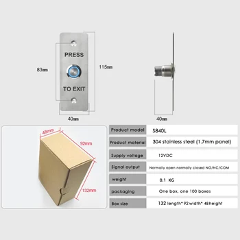 Nerūdijančio plieno duris prieigos jungiklis su LED šviesos Tiesioginio Išėjimo Durų atrakinimo Mygtukas Jungiklis siauros/plačios durų rėmo