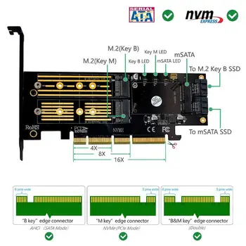 Newst 3 in 1 Msata PCIE M. 2 NGFF NVME SATA SSD su PCI-E 4X SATA3 Apapter Kompiuterio Plėtra Korteles 2280 2260 2242 2230mm