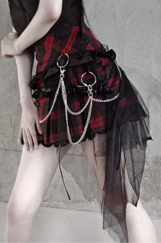 Originalaus Dizaino Punk Raudona Plaided sijonas Mezgimas Nėriniai akių Grandinės Metalo Vilnonis Sijonas Rudens ir Žiemos gotikos klostuotas sijonas