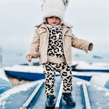 PUDCOCO Bamblys Vaikams Baby Girl Žiemos Drabužių Leopard Viršūnes Kelnes Komplektus Nustatyti Tracksuit