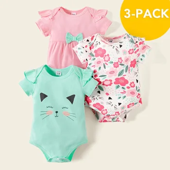 PatPat Naują Atvykimo Pavasarį ir Vasarą 2021 3-pack Baby Cat Gėlių Bodysuits Nustatyti Kūdikio Mergina atsitiktinis Kūdikiams Kūdikių Drabužiai.