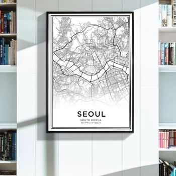 Platuma Ilguma Seulas Miesto Žemėlapis Spausdinamas Pietų Korėja Kelionės Sienos Menas Drobė Paveikslų, Juoda ir Balta Plakato Nuotraukas, Namų Dekoro