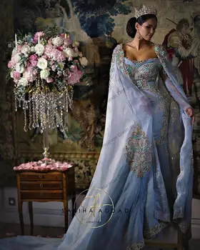 Prabanga Arabų Vestuvių Suknelė Undinė Kristalai Puošnios Nuotakos Šalis Suknelė Su Skara Ilgomis Rankovėmis Musulmonų Islamo Chalatai