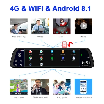 QUIDUX 12 Colių galinio vaizdo veidrodis, automobilių kameros 4G Android 8.1 GPS Navigacija, 2GB RAM, 32GB ROM ADAS FHD 1080P brūkšnys kamera vaizdo įrašymas