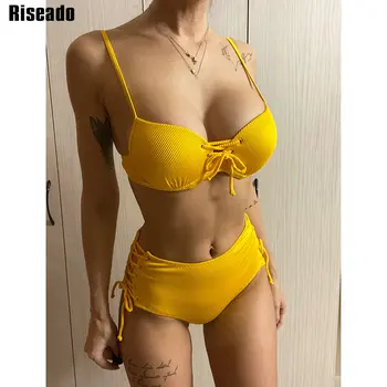 Riseado Seksualus High Waisted Bikini Push Up Maudymosi Kostiumėlį, Geltonos Spalvos Nėrinių Maudymosi Kostiumėliai Moterims, Briaunoti 2021 Bikini Komplektas Dirželis Paplūdimio