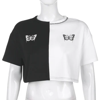 Rockmore Plius Dydis Tshirts moterų Kontrasto Spalvų Drugelis Spausdinti Streetwear T-shirts Ponios Trumpas Rankovės O-Kaklo Harajuku Marškinėliai