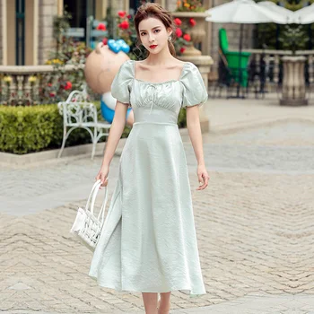 Romantika Elegantiškas Šalis Suknelė 2020 Metų Vasaros Paprasta Paprasto Kvadrato Apykaklės Sluoksniuotos Rankovėmis Temperamentas Anglija Stiliaus Suknelė Moterims