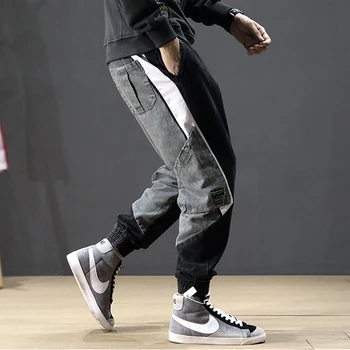 Rudens Mados Streetwear Vyrų Džinsai Spliced Dizaineris Multi Kišenės Haremas Džinsai Vyrams Krovinių Kelnės Korėjos Hip Hip Jogger Homme Džinsų