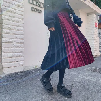 Rudens tendencijos Korėja aksomo susiuvimo plisuotas sijonas Joker Elegantiškas plonas ilgas-line klostuotas sijonas Vidurio Blauzdos Kratinys sijonas moteris