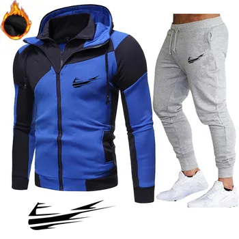 Rudens/žiemos vyriški paltai striukės Bėgiojimas pilka pliušinis šilumos tiktų spausdinti hoodie kostiumas dvivietis zip sweatpants sportinis kostiumas vyrams
