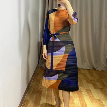 Rudenį 2020 metų vasaros atsitiktinis sundresses stovėti apykaklės, geometrinis modelis spausdinimas, didelio dydžio madingas Miyake plisuotos suknelė 903
