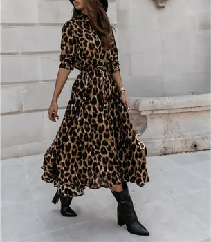 Rudenį atvartas Ilgai Mados Suknelė Moterims 2020 Atsitiktinis ilgomis Rankovėmis Padalinta Leopard Print Suknelė Moterų Elegantiškas Maxi Šalies Drabužių