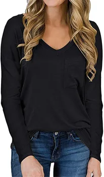 Rudenį vientisos spalvos V-kaklo marškinėliai Moterims prarasti atsitiktinis ilgomis rankovėmis kišenėje puloveris Viršūnes Moteris Street Patogiai Modalinis Marškinėlius
