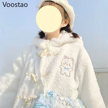 Rudenį, Žiemą Japonijos Moterų Kawaii Lolita Paltai Mielas Animacinių Filmų Meška Ausis Gobtuvu Striukė Minkšta Merginos Prarasti Šiltas Pliušinis Outwear Viršūnės