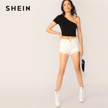 SHEIN Žalia Vieną Petį Slim Įrengtas Kietojo Pasėlių Tee Trumpas Rankovės Marškinėliai Moterims 2020 Metų Vasaros Seksualus Atsitiktinis Pagrindai Viršūnės