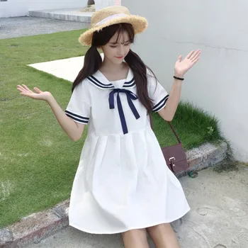 Saldus Japonija Mori Kawaii Girl lolita Dress Vasarą Moterys trumpomis Rankovėmis Sailor Apykaklės Medvilnės Suknelės, Tamsiai mėlyna,Balta Vestidos